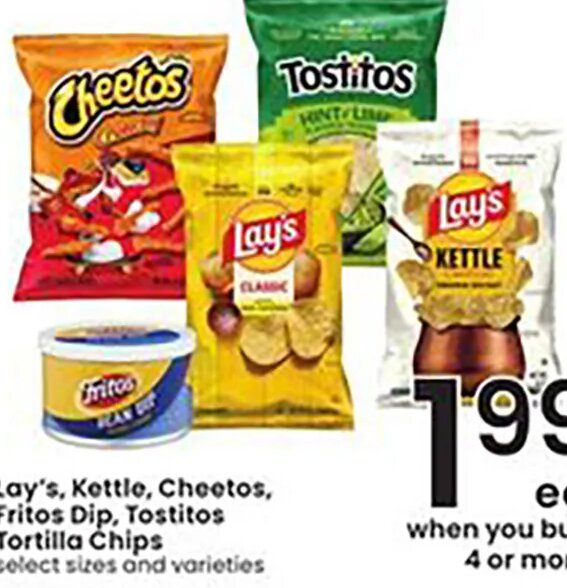 Lay's, Kettle, Cheetos, Fritos Dip, Tostitos Tortilla Chips
