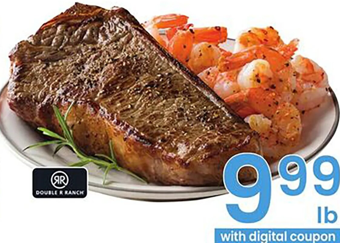 USDA CHOICE Beef New York Strip Steaks or Jumbo Cooked Shrimp at Albertsons