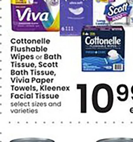 Cottonelle Flushable Wipes or Bath Tissue, Scott Bath Tissue, Vivia Paper Towels, Kleenex Facial Tissue at Albertsons