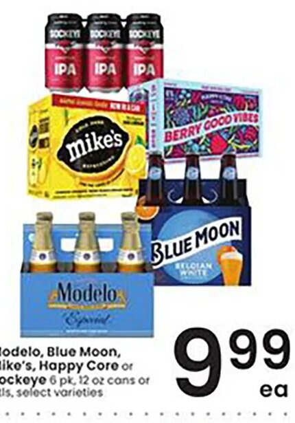 Modelo, Blue Moon, Mike's, Happy Core or Sockeye at Albertsons