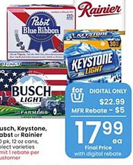 Busch, Keystone, Pabst or Rainier at Albertsons