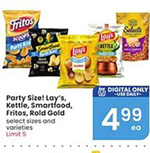Party Size! Lay's, Kettle, Smartfood, Fritos, Rold Gold at Albertsons