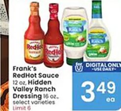 Frank's RedHot Sauce, Hidden Valley Ranch Dressing at Albertsons