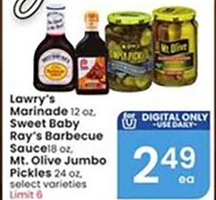 Lawry's Marinade, Sweet Baby Ray's Barbecue Sauce, Mt. Olive Jumbo Pickles at Albertsons
