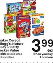 Quaker Cereal, Kellogg's, Nature Valley or Betty Crocker Value Packs at Albertsons