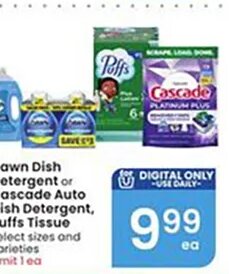 Dawn Dish Detergent or Cascade Auto Dish Detergent, Puffs Tissue at Albertsons