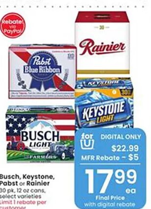 Busch, Keystone, Pabst or Rainier at Albertsons