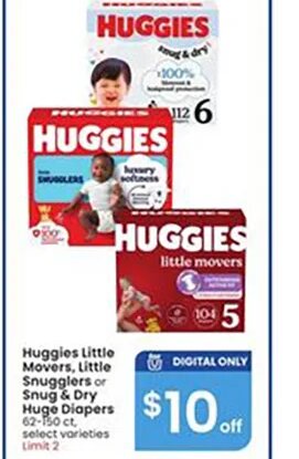 Huggies Little Movers, Little Snugglers or Snug & Dry Huge Diapers