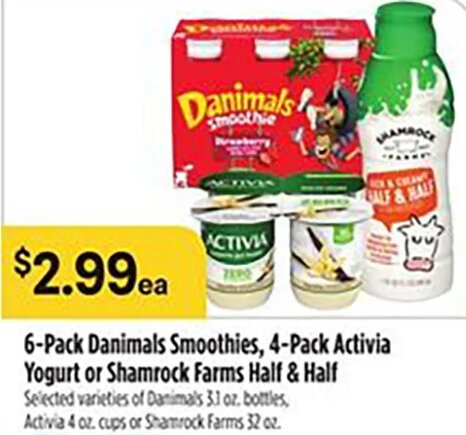 6-Pack Danimals Smoothies, 4-Pack Activia Yogurt or Shamrock Farms Half & Half at Bashas'
