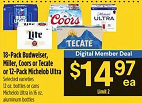 Budweiser, Miller, Coors or Michelob Ultra at Bashas'