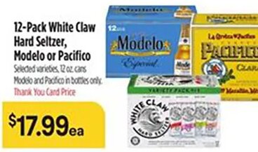 12-Pack White Claw Hard Seltzer, Modelo or Pacifico at Bashas'