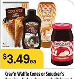 Crav'n Waffle Cones or Smucker's Topping, Fudge, Syrup or Fruit Spread