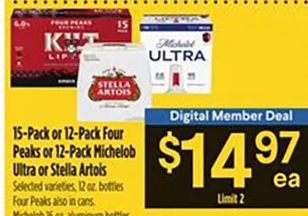 15-Pack or 12-Pack Four Peaks or 12-Pack Michelob Ultra or Stella Artois at Bashas'