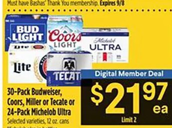 30-Pack Budweiser, Coors, Miller or Tecate or 24-Pack Michelob Ultra at Bashas'