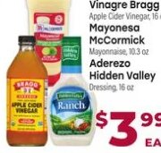 Vinagre Bragg / Mayonesa McCormick / Aderezo Hidden Valley at Cardenas Markets