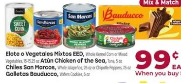 Elote o Vegetales Mixtos EED / Atun Chicken of the Sea / Chiles San Marcos / Galletas Bauducco
