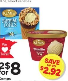 Kemps Ice Cream, Frozen Yogurt or Sundae Cones