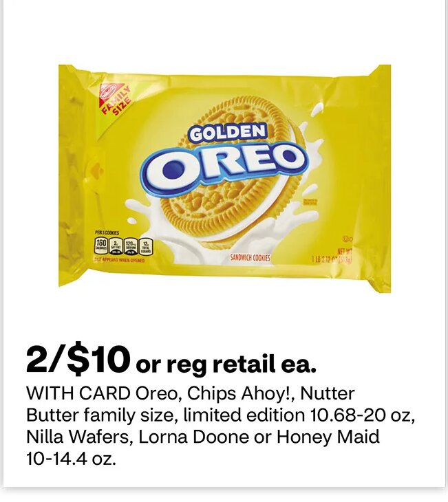 Oreo, Chips Ahoy!, Nutter Butter, Nilla Wafers, Lorna Doone or Honey Maid at CVS