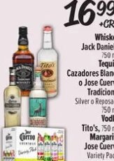 Whiskey Jack Daniel's, Tequila Cazadores Blanco o Jose Cuervo Tradicional, Vodka Tito's, Margarita Jose Cuervo