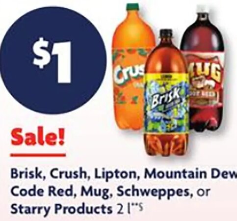 Brisk, Crush, Lipton, Mountain Dew, Code Red, Mug, Schweppes, or Starry Products at Family Dollar