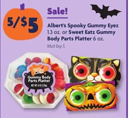 Albert's Spooky Gummy Eyez or Sweet Eatz Gummy Body Parts Platter at Family Dollar