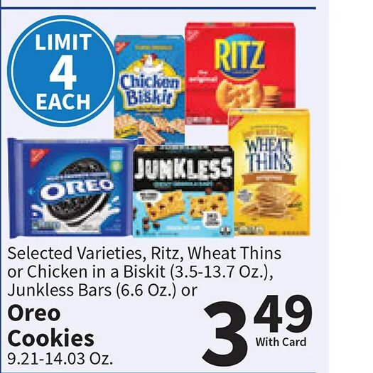 Oreo Cookies, Ritz, Wheat Thins, Chicken in a Biskit, Junkless Bars at Food City