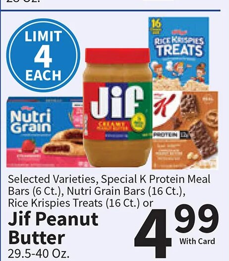 Jif Peanut Butter, Special K Protein Meal Bars, Rice Krispies Treats at Food City