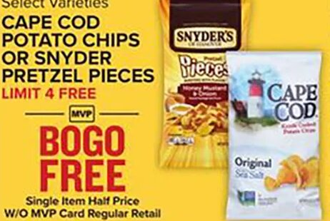 CAPE COD POTATO CHIPS OR SNYDER PRETZEL PIECES