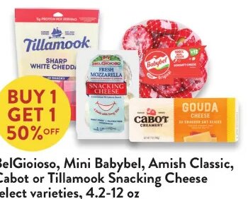 BelGioioso, Mini Babybel, Amish Classic, Cabot or Tillamook Snacking Cheese