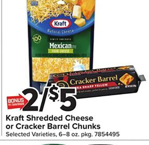 Kraft Shredded Cheese or Cracker Barrel Chunks