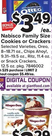 Nabisco Family Size Cookies or Crackers