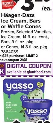 Häagen-Dazs Ice Cream, Bars or Waffle Cones