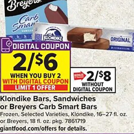 Klondike Bars, Sandwiches or Breyers Carb Smart Bars at Giant Food