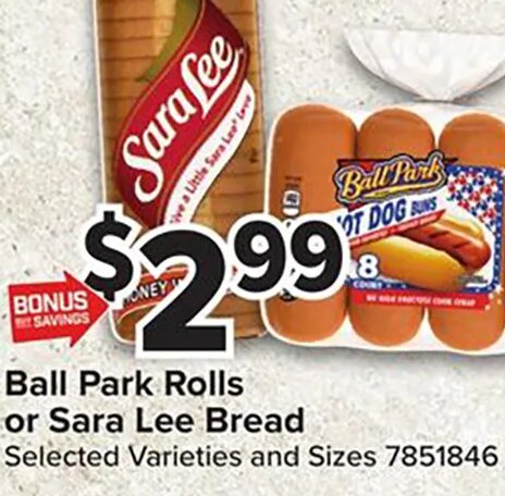 Ball Park Rolls or Sara Lee Bread at Giant Food