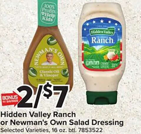 Hidden Valley Ranch or Newman's Own Salad Dressing at Giant Food