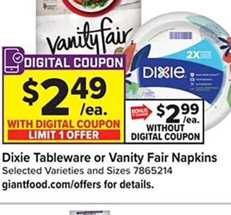 Dixie Tableware or Vanity Fair Napkins
