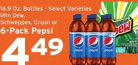 Mtn Dew, Schweppes, Crush or 6-Pack Pepsi