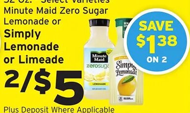 Minute Maid Zero Sugar Lemonade or Simply Lemonade or Limeade