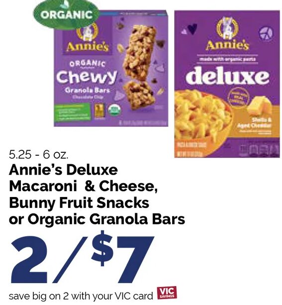 Annie's Deluxe Macaroni & Cheese, Bunny Fruit Snacks or Organic Granola Bars at Harris Teeter