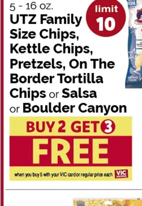 UTZ Family Size Chips, Kettle Chips, Pretzels, On The Border Tortilla Chips or Salsa or Boulder Canyon