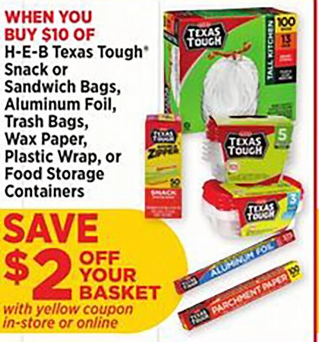 H-E-B Texas Tough Snack Bags, Aluminum Foil, Trash Bags, Wax Paper, Plastic Wrap, or Food Storage Containers