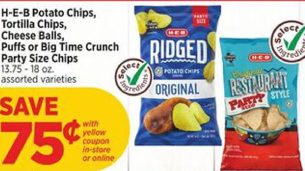 H-E-B Potato Chips, Tortilla Chips, Cheese Balls, Puffs or Big Time Crunch Party Size Chips