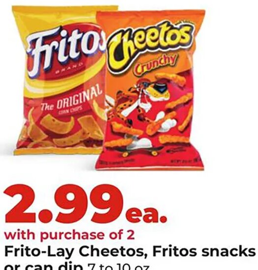 Frito-Lay Cheetos, Fritos snacks or can dip at Hy-Vee