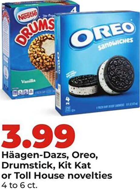 Häagen-Dazs, Oreo, Drumstick, Kit Kat or Toll House novelties at Hy-Vee