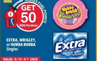 EXTRA, WRIGLEY, or HUBBA BUBBA Singles