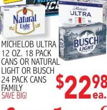 Michelob Ultra 12 oz. 18 Pack Cans or Natural Light or Busch 24 Pack Cans Family at Ingles Markets