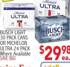 Busch Light 30 Pack Cans or Michelob Ultra 24 Pack at Ingles Markets