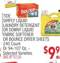 Tide Simply Liquid Laundry Detergent or Downy Liquid Fabric Softener or Bounce Dryer Sheets at Ingles Markets