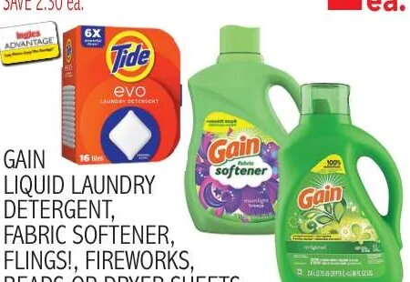 Gain Liquid Laundry Detergent, Fabric Softener, Flings!, Fireworks, Beads or Dryer Sheets or Tide Evo Pods at Ingles Markets