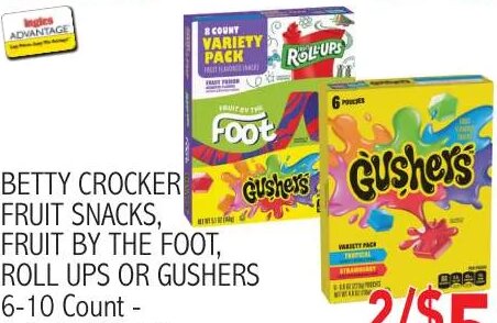 BETTY CROCKER FRUIT SNACKS, FRUIT BY THE FOOT, ROLL UPS OR GUSHERS